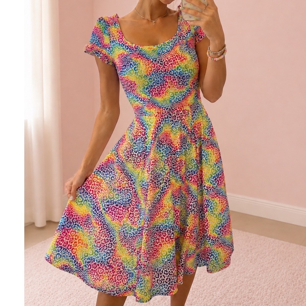 Posh Peanut Lisa Frank Rainbow Leopard Heart Midi Dress Womens Medium CR1